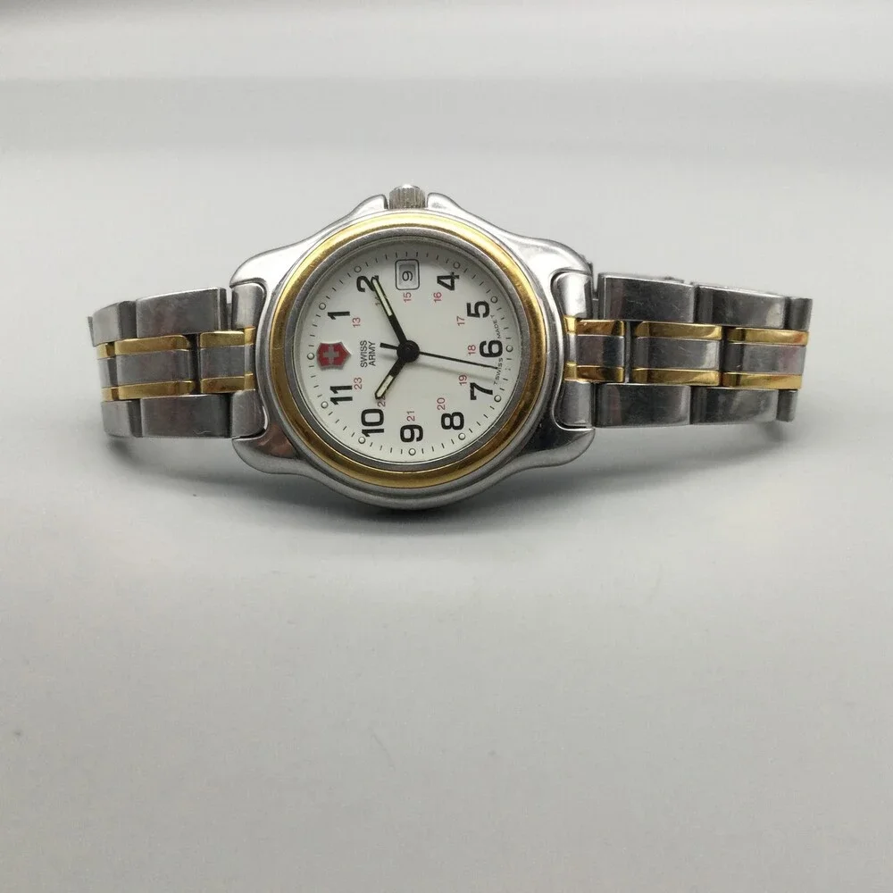 Swiss Army Womens Watch 28mm Gold Silver Tone Stainless Date New Battery 6.25
